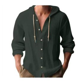 Cotton And Linen Shirt Hooded Sweater Button Long Sleeve (Option: Dark Green-XL)
