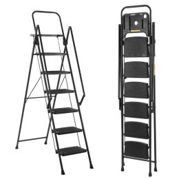 6-Step Folding Ladder, Portable Steel Stool For Home And Workshop (Option: 6 step ladder black)