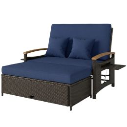 Rattan Outdoor Daybed w/4-Level Adjustable Backrest, Patio Sofa Bed w/Storage Ottoman, Acacia Wood Armrest, Navy Blue (Option: Navy Blue-1130x580x420 mm)