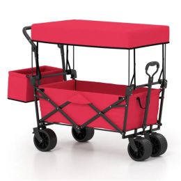 Foldable Utility Wagon,Adjustable Handle Outdoor Wagon, Puncture-Proof Wheels With Brakes, Removable Bag & Side Pockets-Red (Option: defaulttitle)