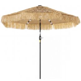 9 ft Hula Thatched Tiki Patio Umbrella with LED Solar Light, Outdoor Umbrella with Crank, Tilt, UPF30+, Khaki (Option: Khaki-1500x210x210 mm)