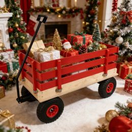 Red Wooden Wagon Cart With Folding Handle, Heavy Duty All-Terrain Kids Wagon For Outdoor, Garden, Camping, And Beach - Classic Pull-Along Utility (Option: defaulttitle)