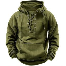 Ins Lace-up Hoodie Casual Sports Pocket Sweatshirt Men's Long-sleeved Top Clothing (Option: Army Green-S)