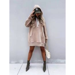 Women's Hooded Sweatshirt With Pockets Fashion Casual Split Mid-length Sweater Drawstring Tops (Option: Khaki-S)