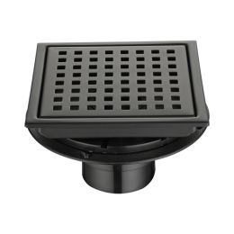 6 Inch Square Shower Drain With Removable Square Patterned Grate, 304 Stainless Steel With Flange And Hair Strainer, Matte Black (Option: defaulttitle)