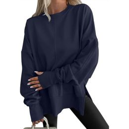 Fashion Casual Round Neck Pullover Loose Sports Long-sleeved Sweater (Option: Navy Blue-L)