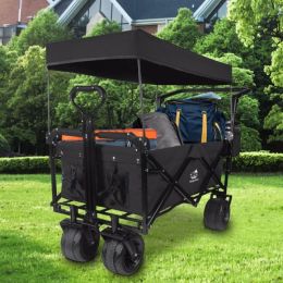 Foldable Wagon With Removable Canopy & Cooler Bag - Heavy Duty Collapsible Wagon Utility Cart With 4inch All-Terrain Wheels For Camping Beach Gar (Option: Black)