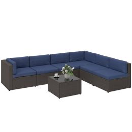 7 Piece Patio Furniture Set, All Weather PE Rattan Outdoor Furniture Conversation Sets with Glass Top Coffee Table (Option: Blue-680x650x580 mm)