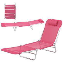 Folding Chaise Lounge Chair, Portable Tanning Chair with Adjustable Backrest, Pillow for Beach Poolside Patio, Pink (Option: Pink-680x80x580 mm)