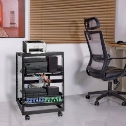15U Open Frame Server Rack, 23''-40'' Adjustable Depth, Free Standing Or Wall Mount Network Server Rack, 4 Post AV Rack With Casters, Holds All Y (Option: Black)