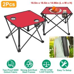 1Pc-2Pcs Options - Foldable Camping Table Portable Picnic Table Lightweight Travel Desk With 2 Cup Holders Carrying Bag (Option: 2Pcs-Red)
