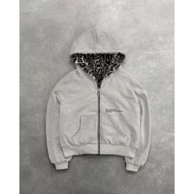 Hooded Hoodie Two Sides Can Wear Vintage Leopard Print Zipper Hoodie (Option: Gray-M)