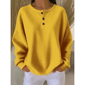 Ins Waffle Long-sleeved T-shirt Fashion Solid Color Buttons Round Neck Pullover Top Women's Clothing (Option: Yellow-M)