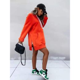 Women's Hooded Sweatshirt With Pockets Fashion Casual Split Mid-length Sweater Drawstring Tops (Option: Orange-M)
