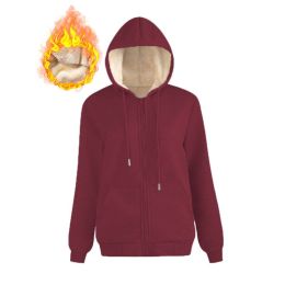 Warm Berber Fleece Pocket Hooded Sweatshirt Coat (Option: Wine Red Thread Zipper-M)