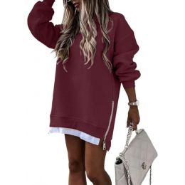 Fall Winter Fashion Stitching Side Zipper Design Pullover Sweater For Women (Option: Wine Red-XXL)
