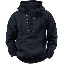 Ins Lace-up Hoodie Casual Sports Pocket Sweatshirt Men's Long-sleeved Top Clothing (Option: Black-3XL)