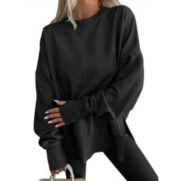 Fashion Casual Round Neck Pullover Loose Sports Long-sleeved Sweater (Option: Black-2XL)