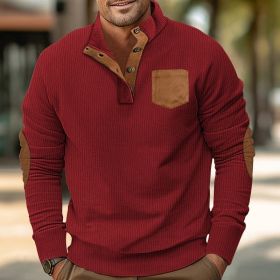 Patch Pocket Jacket Stand Collar Long Sleeve Corduroy Multicolor Hoodie (Option: Wine Red-XXXL)
